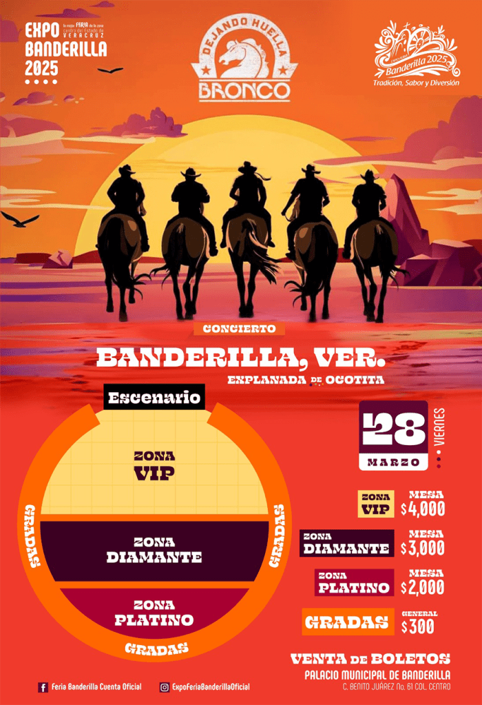 Cartel de escenario y precios de Bronco en concierto